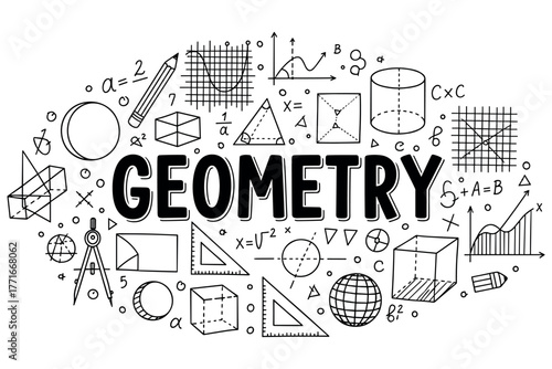 Geometry concepts with geometric shapes and formulas illustrated in black and white