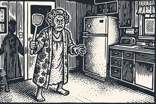 An angry old woman in a robe confronts a shadow intruder in her kitchen at night. Vector illustration in a detailed, vintage woodcut engraving style.