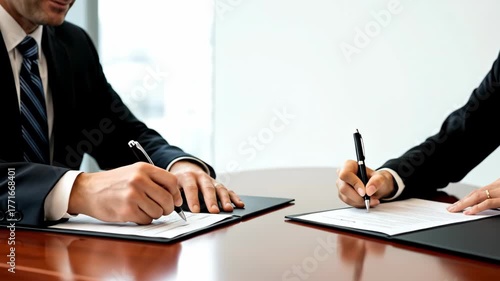 Business professionals signing documents at a modern office meeting table