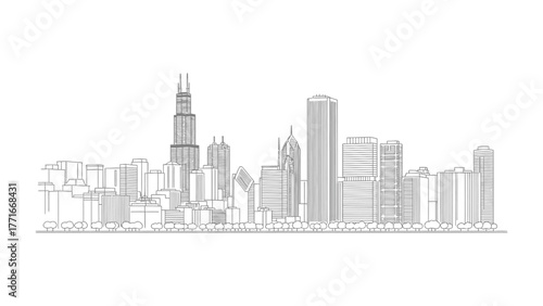 Chicago Skyline Silhouette: A minimalist black-and-white silhouette showcases Chicago's iconic skyline, presenting its majestic buildings against a clean backdrop.