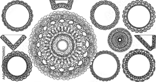 Vintage lace doily. Round lace napkins, ornate circle lace doily wedding table decoration. Decorative lace round frames vector illustration set. Ornate lace round, floral circle wedding ornamental