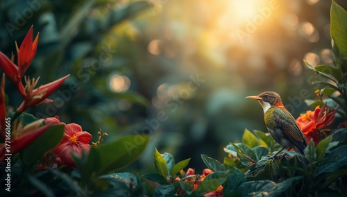 An Ornithological Encounter Amidst Floral Vividity A Verdant Escape and Glimmering Sunlight.