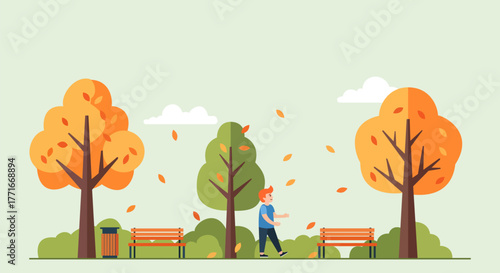 A serene autumn scene unfolds with a person strolling through a park adorned with vibrant trees, benches, and falling leaves, creating a peaceful ambiance