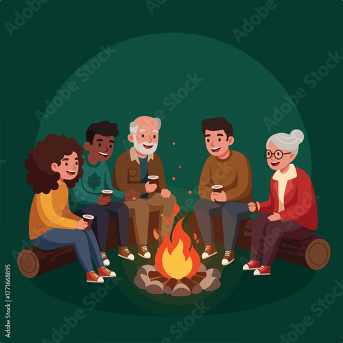 A diverse group sits around a campfire at night, holding mugs and sharing time together