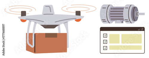 Lightweight quadcopter carrying box, electric motor, and digital dashboard interface for management. Ideal for logistics, automation, innovation, engineering, delivery systems, technology simple