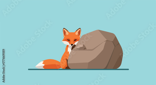 Illustration of a fox peeking behind a rock