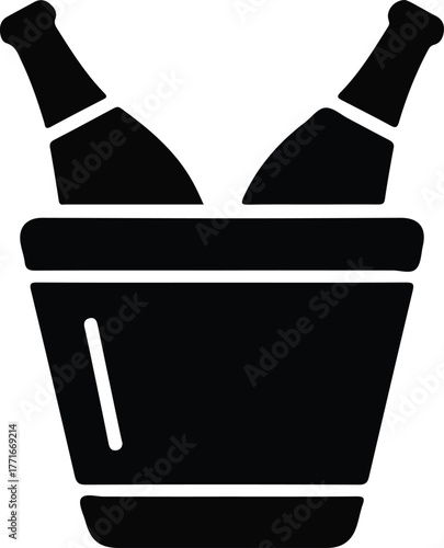 Champagne bucket icon symbolizing celebration and luxury, Black vector illustration of two champagne bottles in an ice bucket, representing celebration, party, success, and luxury event.

