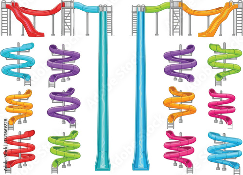 Water slides, amusement park, spiral slide, straight slide, colorful slides, summer fun, recreation, outdoor activity, thrill ride, playground, entertainment, family 