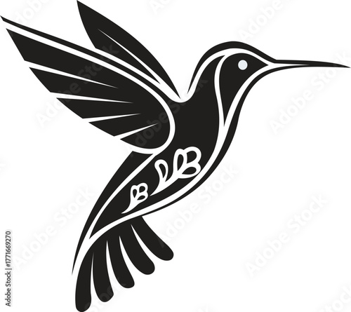 The image showcases a stylized black-and-white silhouette of a hummingbird in mid-flight, featuring intricate designs on its wings and body. The elegant curves and floral motifs add a touch of artistr