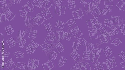 A vibrant purple background filled with hand-drawn educational icons like books, caps, and calculators