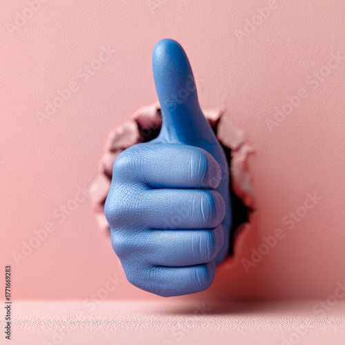 Blue hand giving thumbs up through a hole in pink paper.