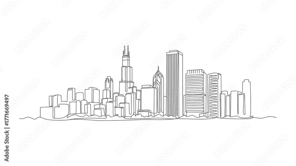 Naklejka premium Urban Silhouette: A minimalist line drawing captures the essence of a modern cityscape, showcasing a dynamic skyline of towering buildings and architectural marvels.