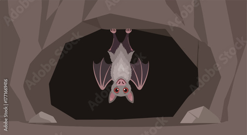 Cartoon bat hanging upside down inside a dark cave