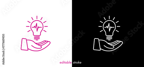 Abstract editable stroke hand holding light bulb illustration with heartbeat line vector design to use for healthcare, business, healthy lifestyle, medical business concept illustration.