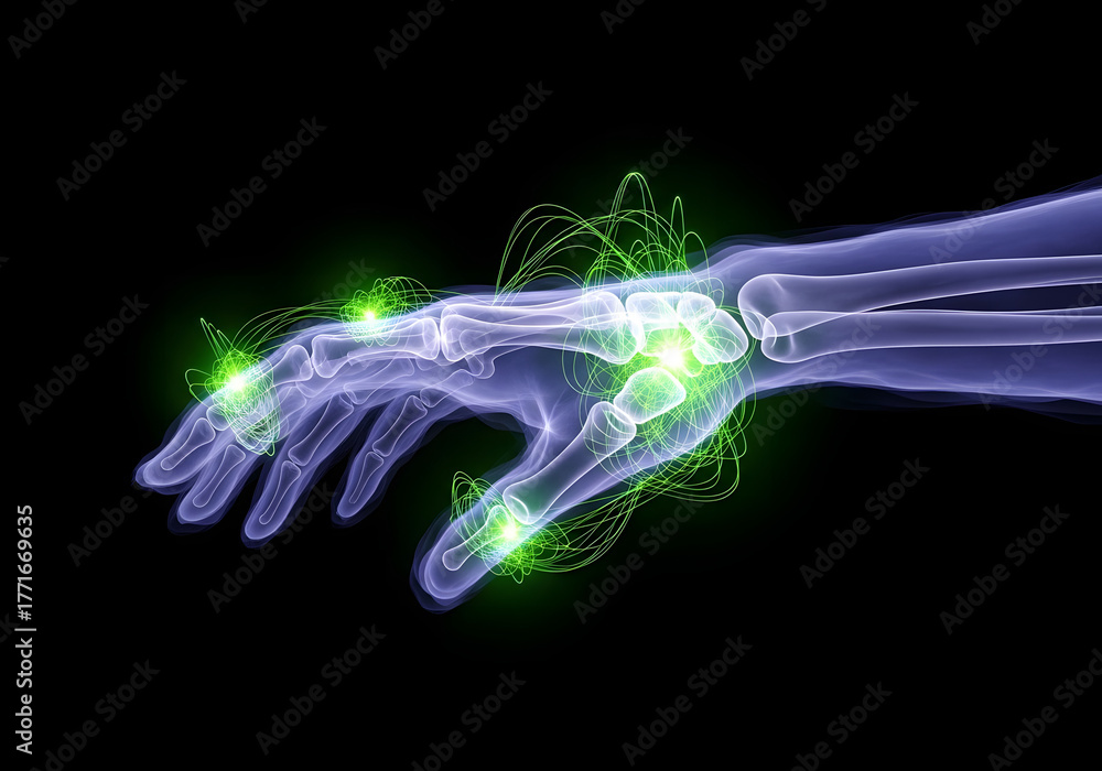 Fototapeta premium X-ray image of a hand and wrist with green glowing points highlighting joints, possibly indicating pain or inflammation.