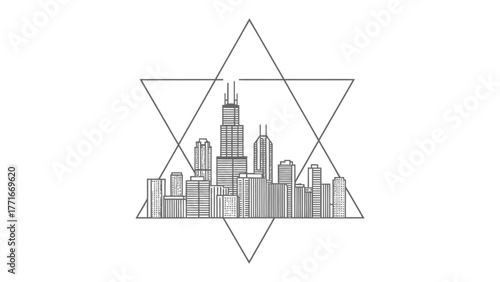 Urban Skyline in Geometric Embrace: A minimalist cityscape nestled within the embrace of a geometric form, offering a modern aesthetic and capturing the essence of the city.