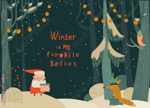 Magical Winter Forest at Night With Santa Claus. Christmas or New Year Greeting Card