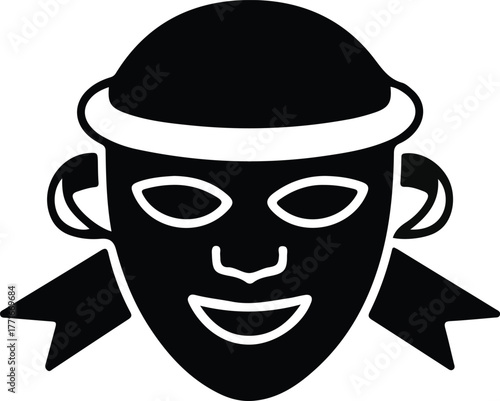 Bandit mask icon black silhouette face, Black silhouette icon of a masked bandit face wearing a headband, ideal for security, disguise, or criminal concept illustrations.

