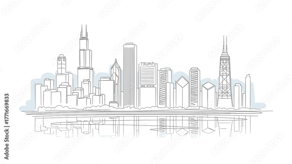 Naklejka premium Cityscape Sketch: A minimalistic line drawing of a city skyline, reflecting beautifully in calm water. Capturing the urban charm and architectural detail.