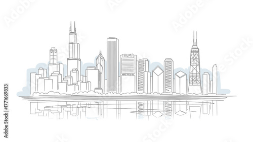 Cityscape Sketch: A minimalistic line drawing of a city skyline, reflecting beautifully in calm water. Capturing the urban charm and architectural detail.