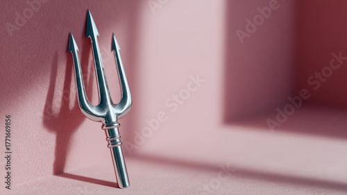 Trident casting shadow against a pink minimalist background.