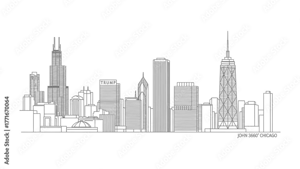 Naklejka premium Chicago Skyline: An elegant sketch captures the iconic skyline of a vibrant metropolis, showcasing a unique architectural tapestry. 