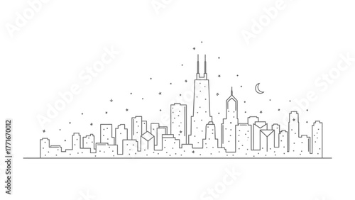 Urban Silhouette: A minimalist illustration captures the essence of an iconic urban skyline, where architectural marvels reach towards the night sky.