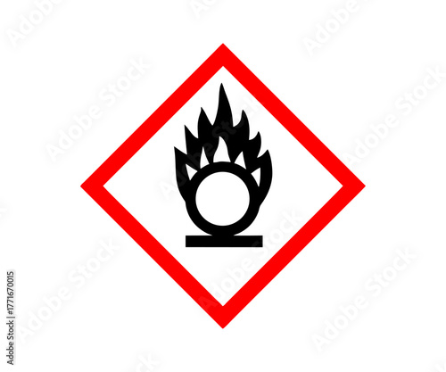 This is a GHS symbol indicating oxidizing substances icon. Hazard sign oxidizing gas with red rhombus frame vector design and illustration.

