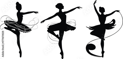 Elegant ballet dancers in graceful poses with flowing tutus and artistic swirls