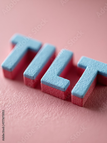 3D 'TILT' text on pink textured background with blue letters.