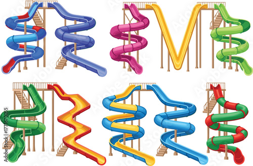 Water slides, amusement park, spiral slide, zigzag slide, colorful design, summer fun, recreation, playground, entertainment, aqua park, slide variety, , 