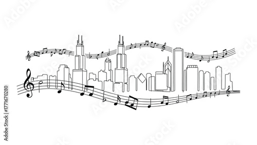 Musical Skyline: A detailed silhouette of a vibrant skyline is creatively interwoven with musical notes.