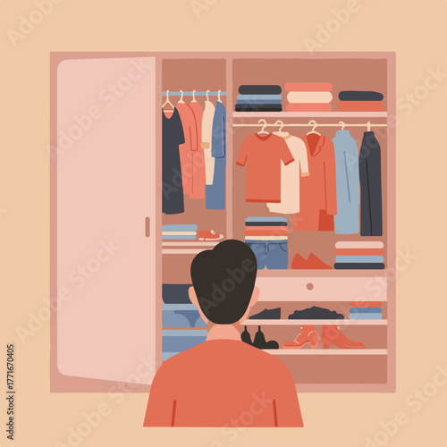 A person with dark hair looks at an open wardrobe filled with clothes of varied colors and footwear