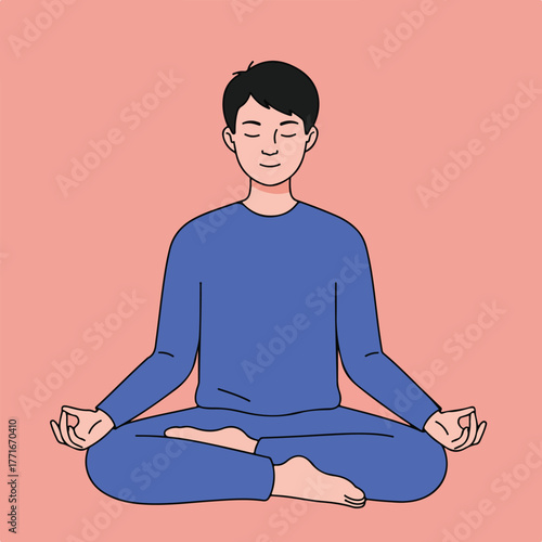 A cartoon person in blue meditates in the lotus position with closed eyes on a pink background