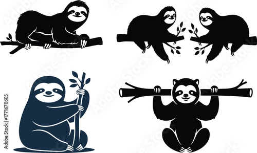 Playful sloths depicted in charming silhouette designs, hanging and resting on branches.