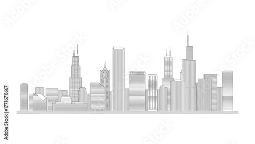 Cityscape Silhouette: An architectural line drawing, showcasing the city skyline with towering skyscrapers, depicting an urban metropolis. 