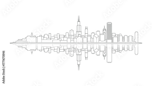 Urban Reflection Silhouette: A striking line art representation of an urban cityscape, mirrored to create a symmetrical reflection, highlighting architectural details and the city's unique skyline.