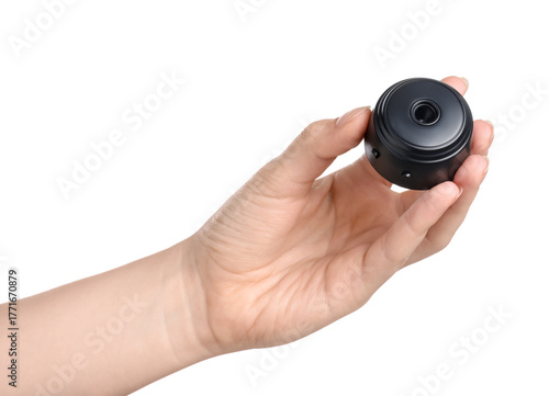 Wallpaper Mural Woman with hidden spy camera on white background, closeup Torontodigital.ca