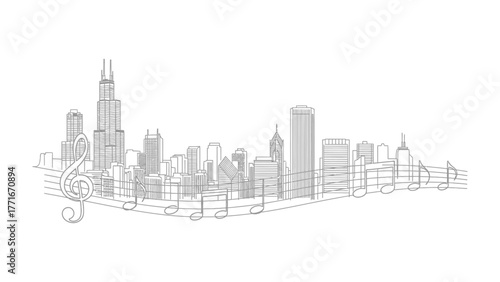 City Symphony: An elegant sketch portrays a cityscape composed of architectural marvels, interwoven with musical notation to create a symphony of urban life and artistic expression.