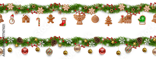 seamless christmas borders with pine branches,  decorations and gingerbreads . christmas seamless garlands with ornaments