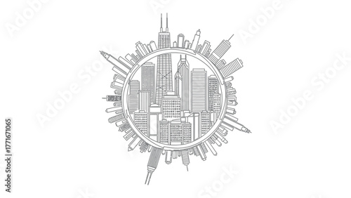 Cityscape Sketch: An artistic illustration of a city skyline, contained within a circular frame, featuring towering skyscrapers and architectural details.