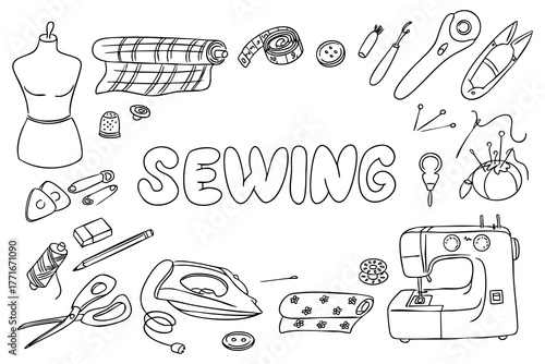 Sewing tools and accessories arranged around the word sewing in hand drawn style, including sewing machine, mannequin, scissors. Represents creativity, fashion design and handmade craft concept