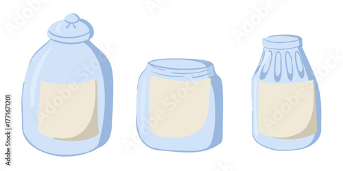 Set of three glass jars in blue tones with blank labels in simple hand drawn style. Represents kitchen storage, food preservation and minimalist home organization concept