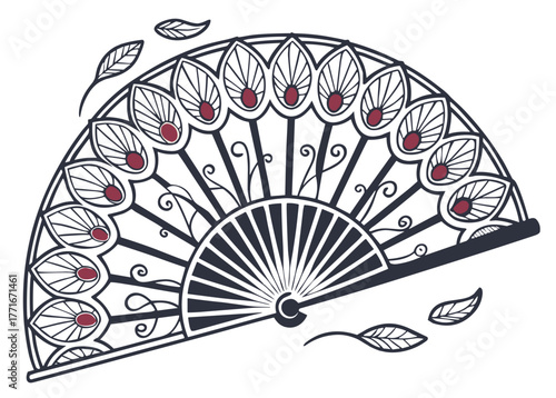 Decorative hand fan with floral design and falling leaves  