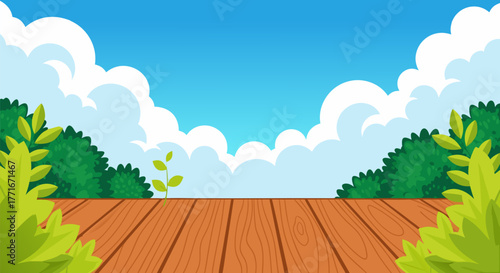 Wooden Deck Overlooking a Bright Sky A Serene Background for Nature and Relaxation