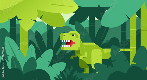 Digital vector illustration of a fierce Tyrannosaurus Rex roaring in a dense prehistoric jungle with lush green foliage