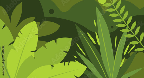 Vibrant Jungle Foliage Abstract Background with Lush Green Tropical Leaves in a Stylized Nature Scene