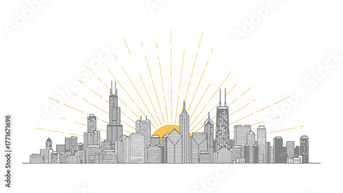Cityscape Skyline: A graphic representation of a city's skyline, showcasing its iconic buildings silhouette against a radiant sun.