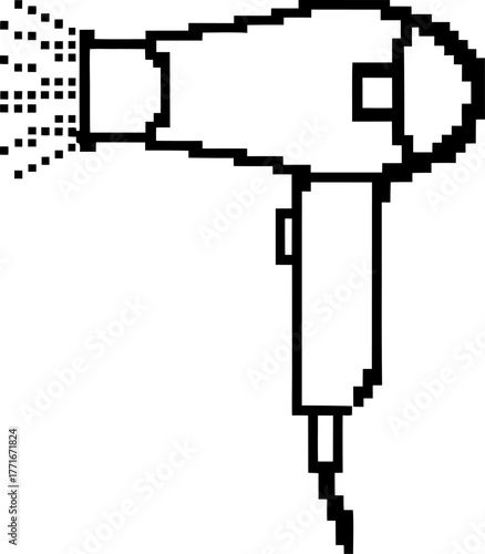 Simple black and white pixel art hair dryer illustration emitting airflow minimalist electric beauty appliance, retro digital