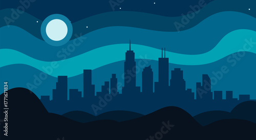 Tranquil Flat Design Vector Illustration of a City Skyline at Night with a Bright Full Moon and Twinkling Stars over Wavy Blue Hills